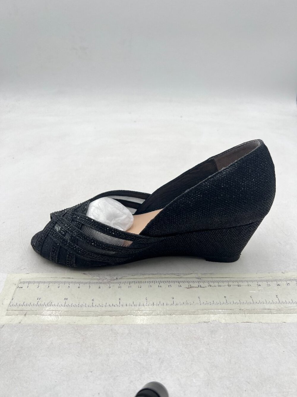 FSJ Black Mesh Peep Toe Pumps Wedge Heel Rhinestone Wedding Bridal Shoes